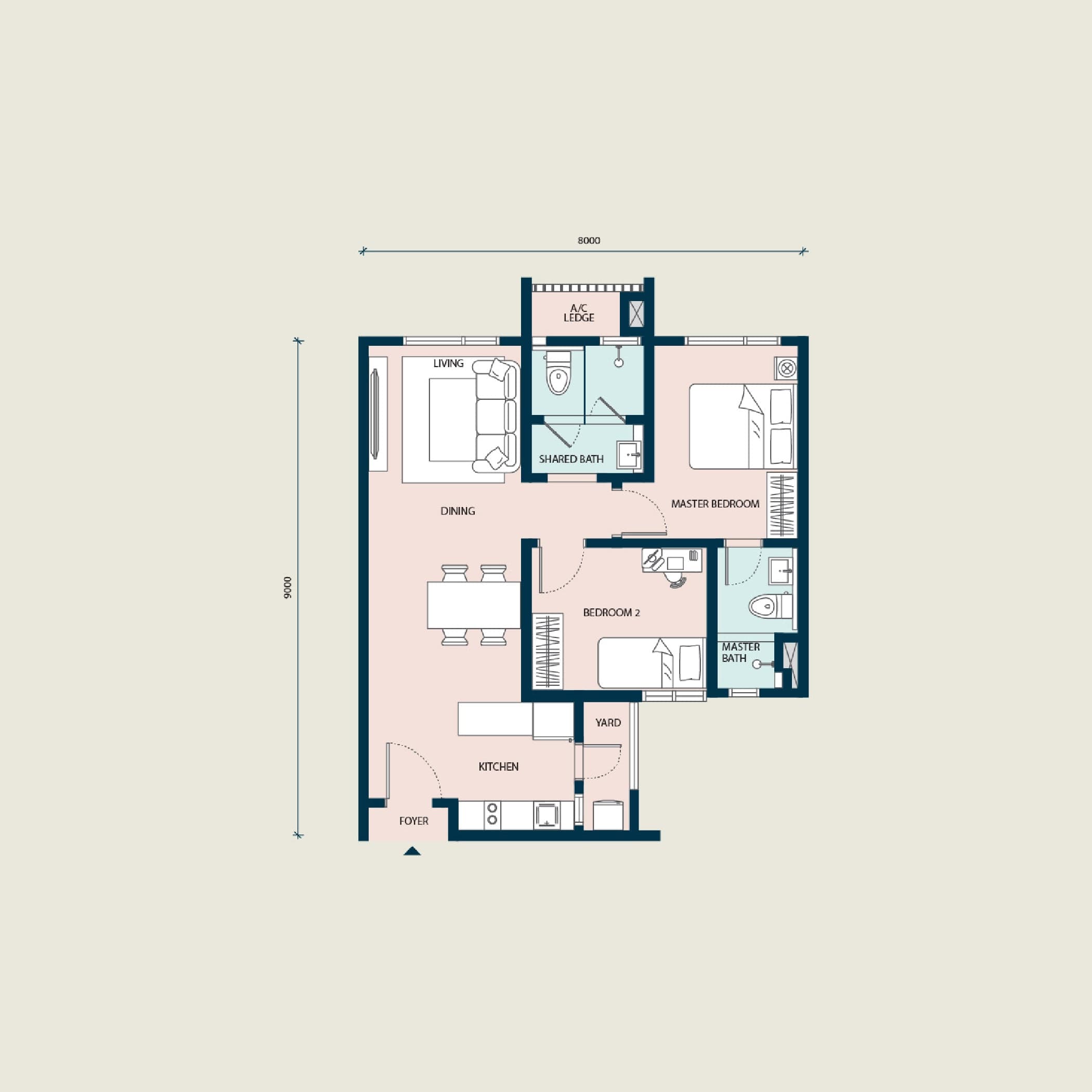 Haus on 15 Type A floor plan — 690 sq ft, 2 bedrooms · 2 bathrooms · 1 car park