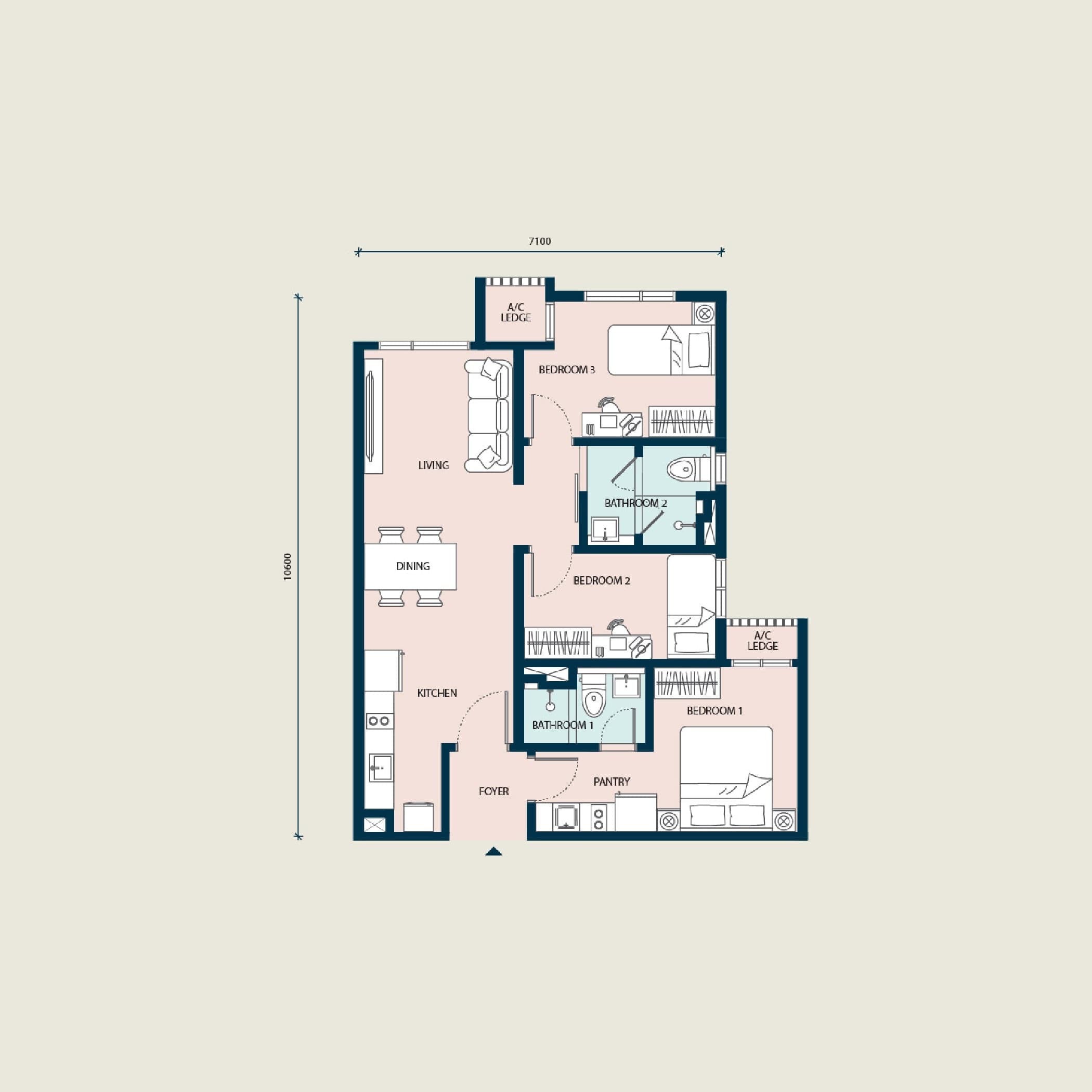 Haus on 15 Type B floor plan — 830 sq ft, Dual-key · 2 bedrooms · 2 bathrooms · 1 car park