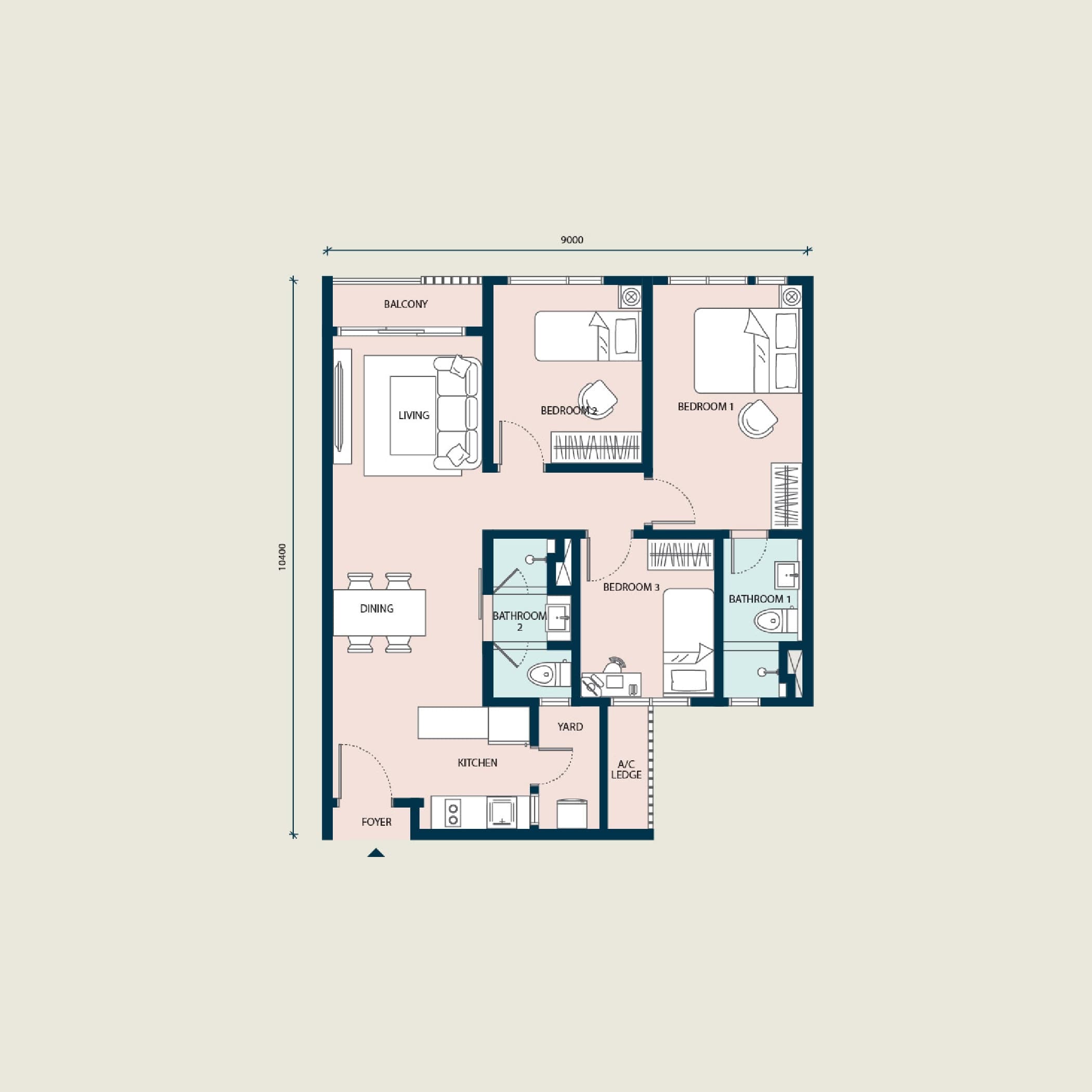 Haus on 15 Type C floor plan — 905 sq ft, 3 bedrooms · 2 bathrooms · 2 car parks