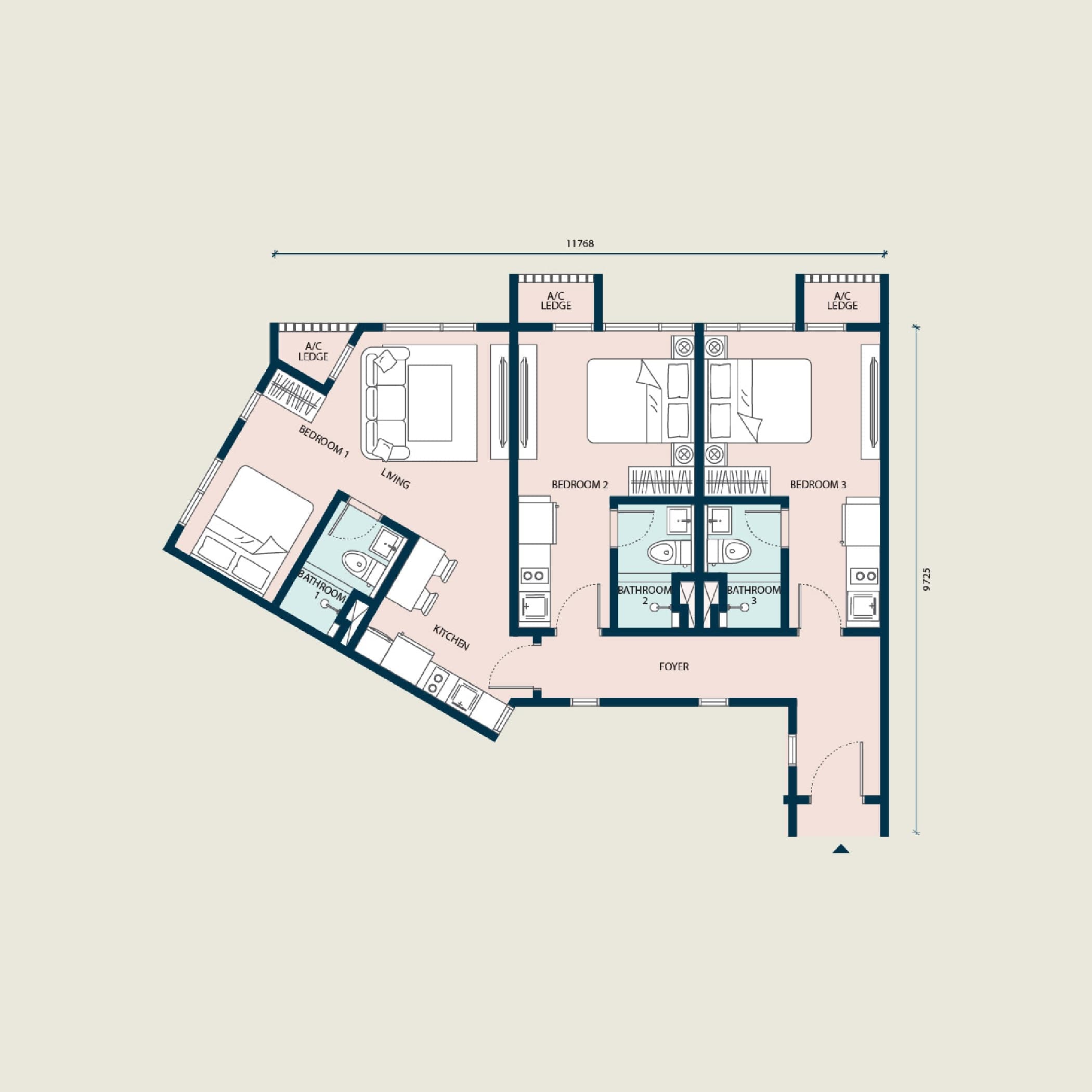 Haus on 15 Type E floor plan — 980 sq ft, Triple-key · 3 bedrooms · 3 bathrooms · 2 car parks