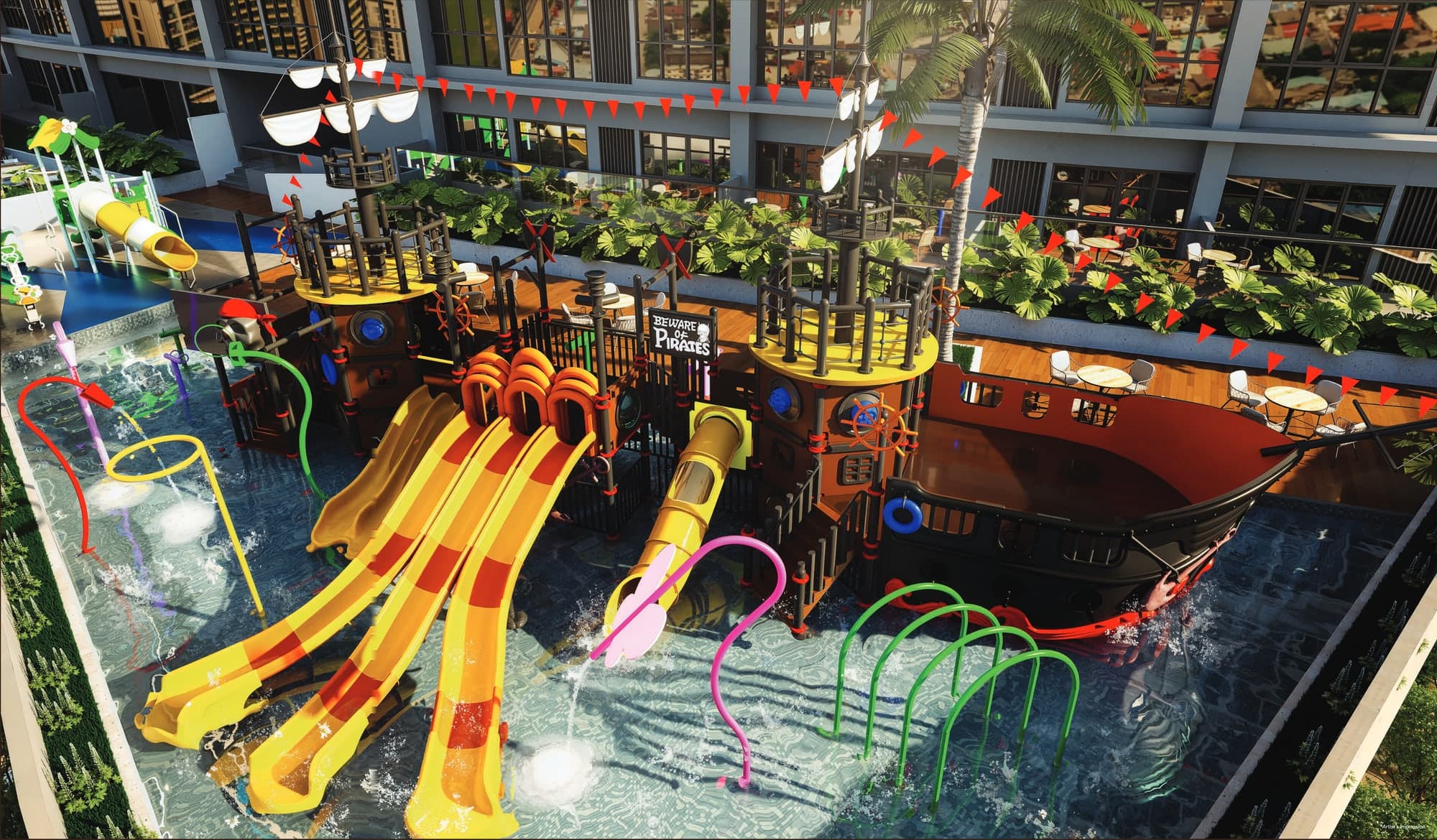 The Aqua Terra Theme Park water play area at KL360, with slides and a pirate ship structure, artist's impression