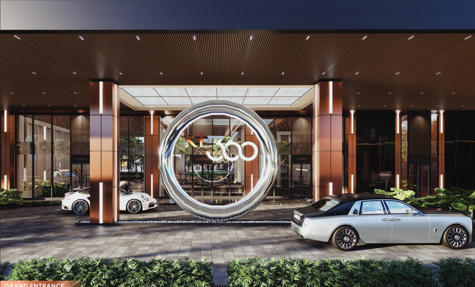The grand entrance drop-off at KL360, with a circular sculptural portal over the lobby doors, artist's impression