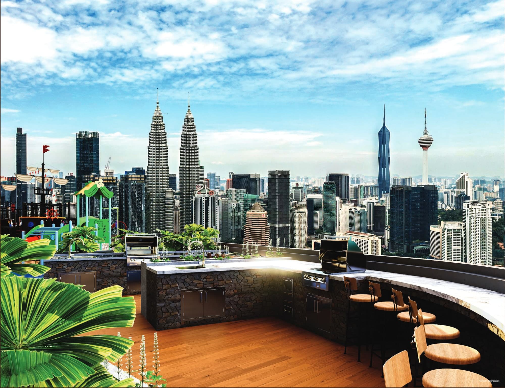The Courtyard barbecue and grilling deck at KL360, with a counter and stools overlooking the Kuala Lumpur skyline, artist's impression
