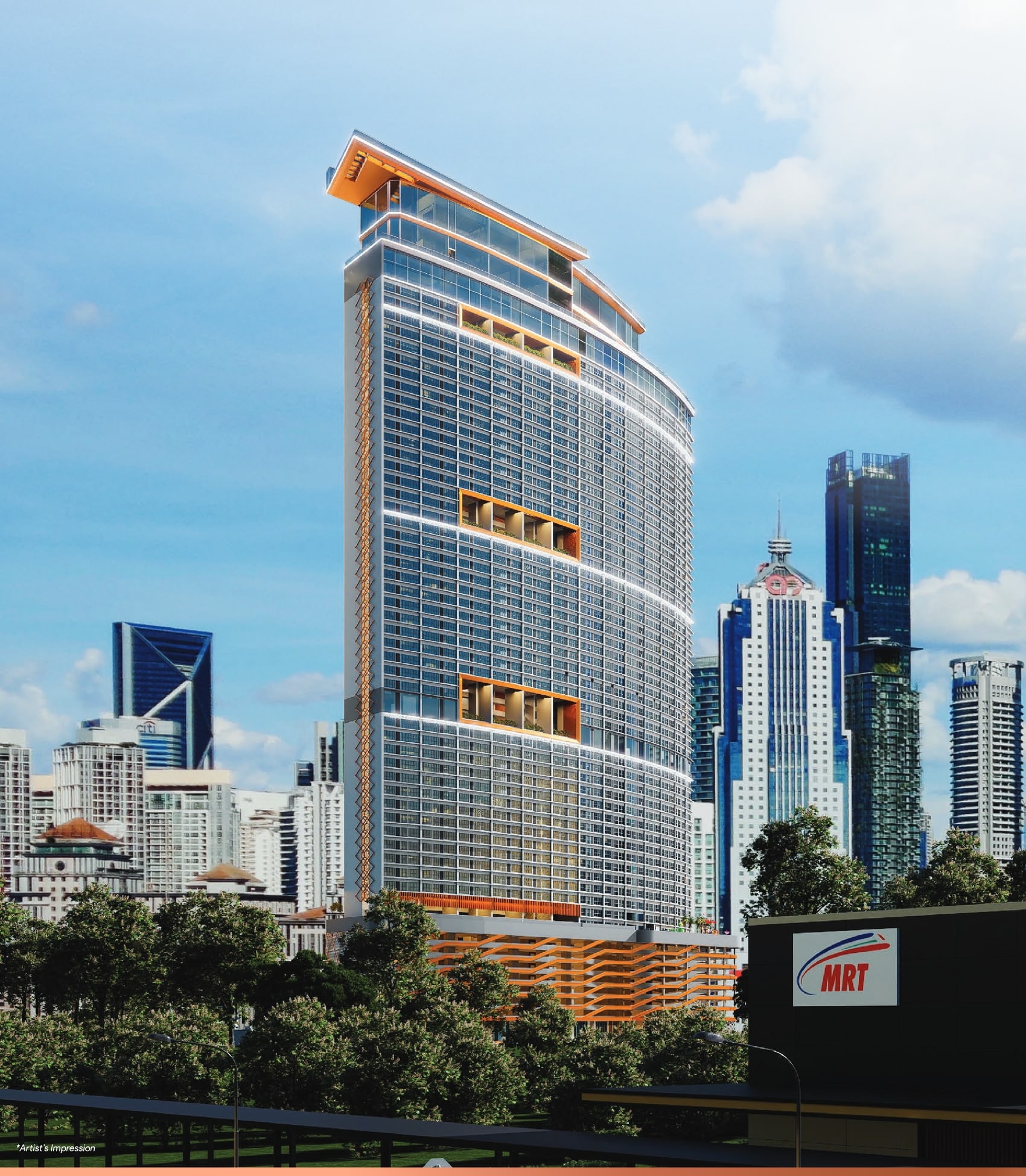 KL360, the 58-storey tower at Raja Uda, seen from street level with the Petronas Twin Towers behind it and the MRT station in the foreground, artist's impression