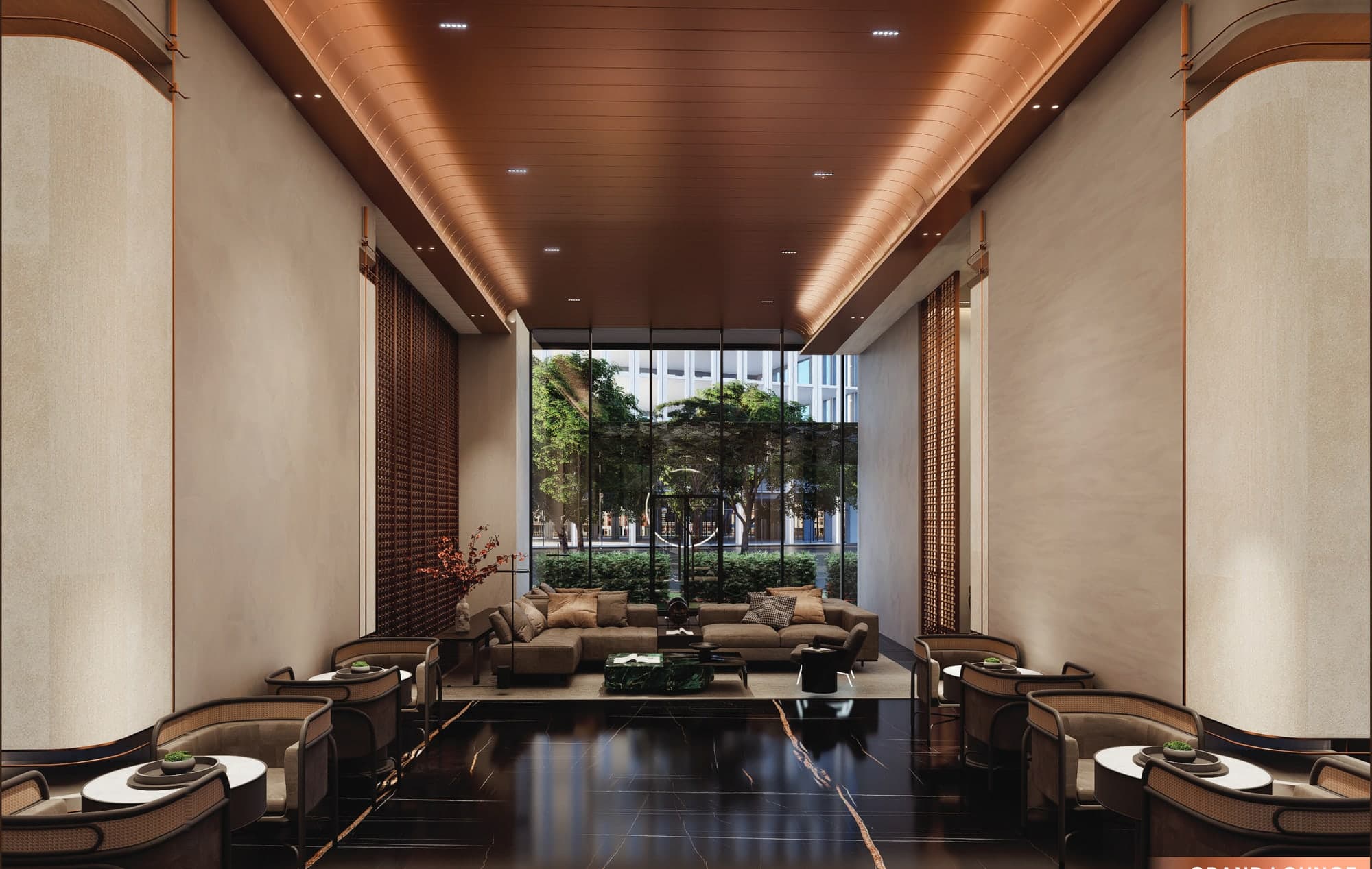 The grand lounge at KL360, a double-height room with seating groups and a timber ceiling, artist's impression