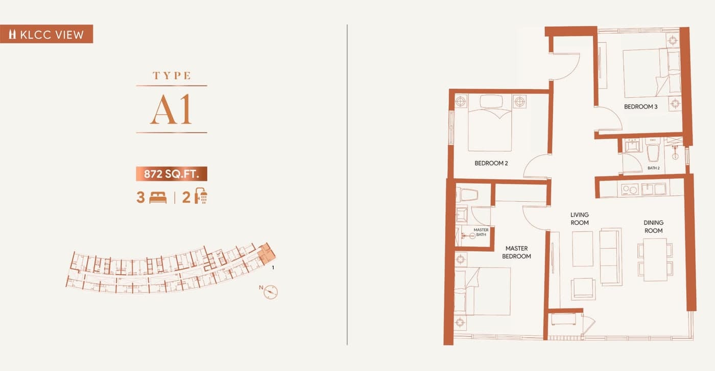 KL360 Type A1 floor plan — 872 sq ft, 3 bedrooms · 2 bathrooms, facing klcc
