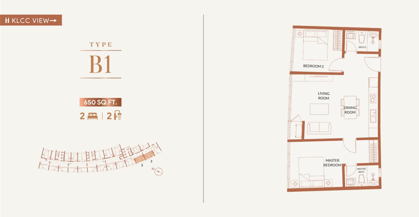 KL360 Type B1 floor plan — 650 sq ft, 2 bedrooms · 2 bathrooms, facing klcc