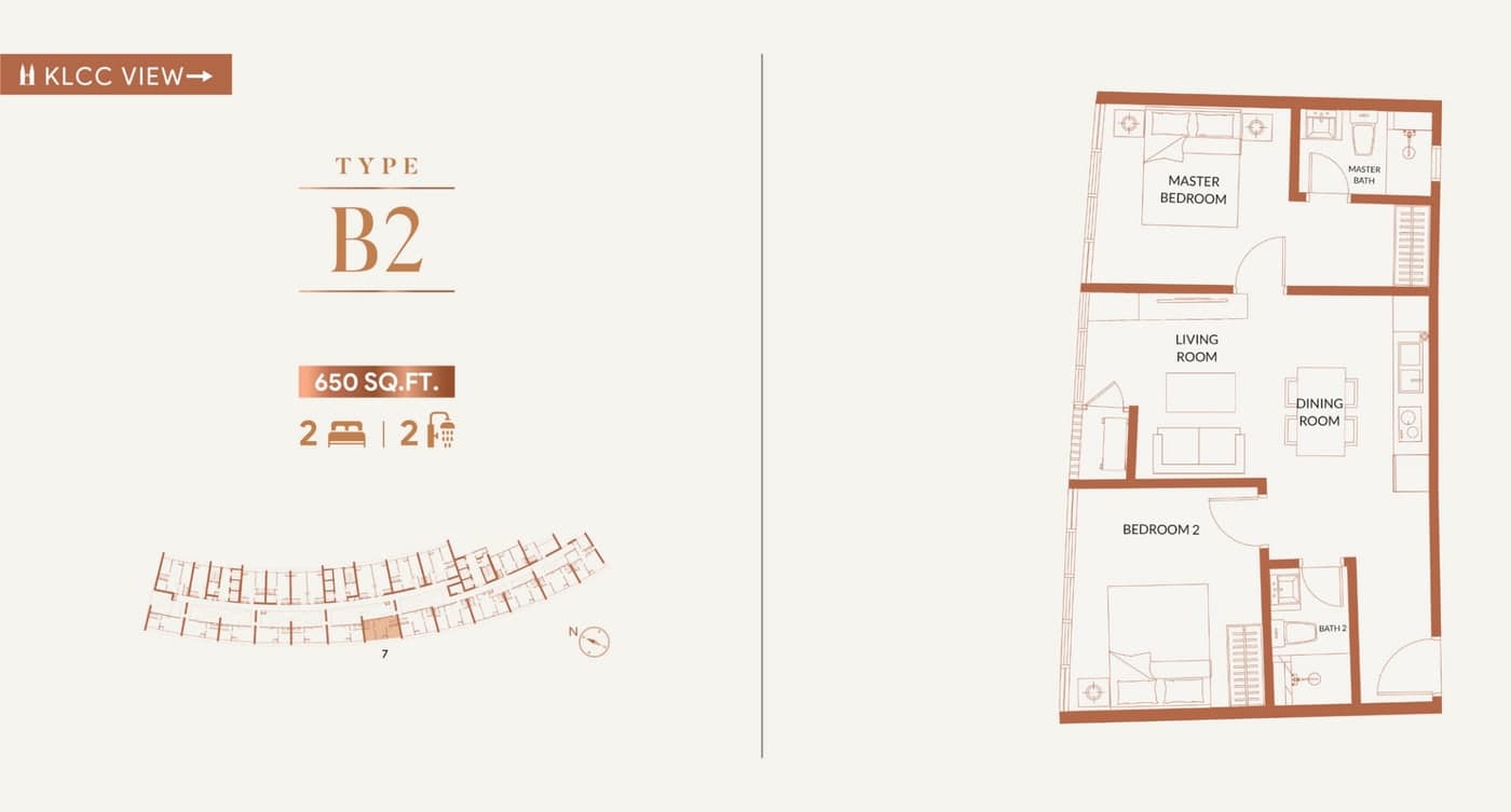 KL360 Type B2 floor plan — 650 sq ft, 2 bedrooms · 2 bathrooms, facing klcc
