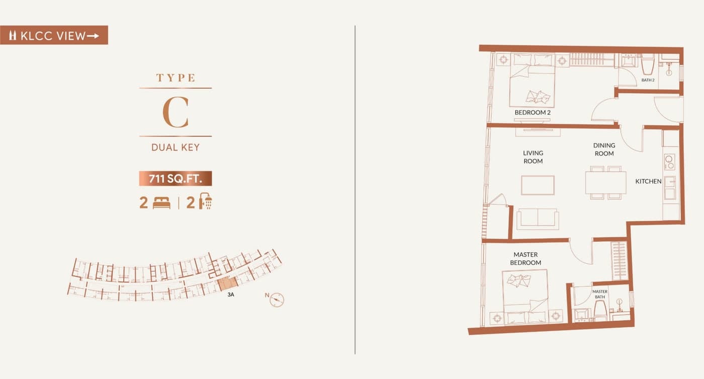 KL360 Type C floor plan — 711 sq ft, 2 bedrooms · 2 bathrooms, facing klcc