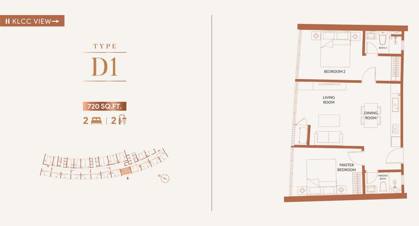 KL360 Type D1 floor plan — 720 sq ft, 2 bedrooms · 2 bathrooms, facing klcc