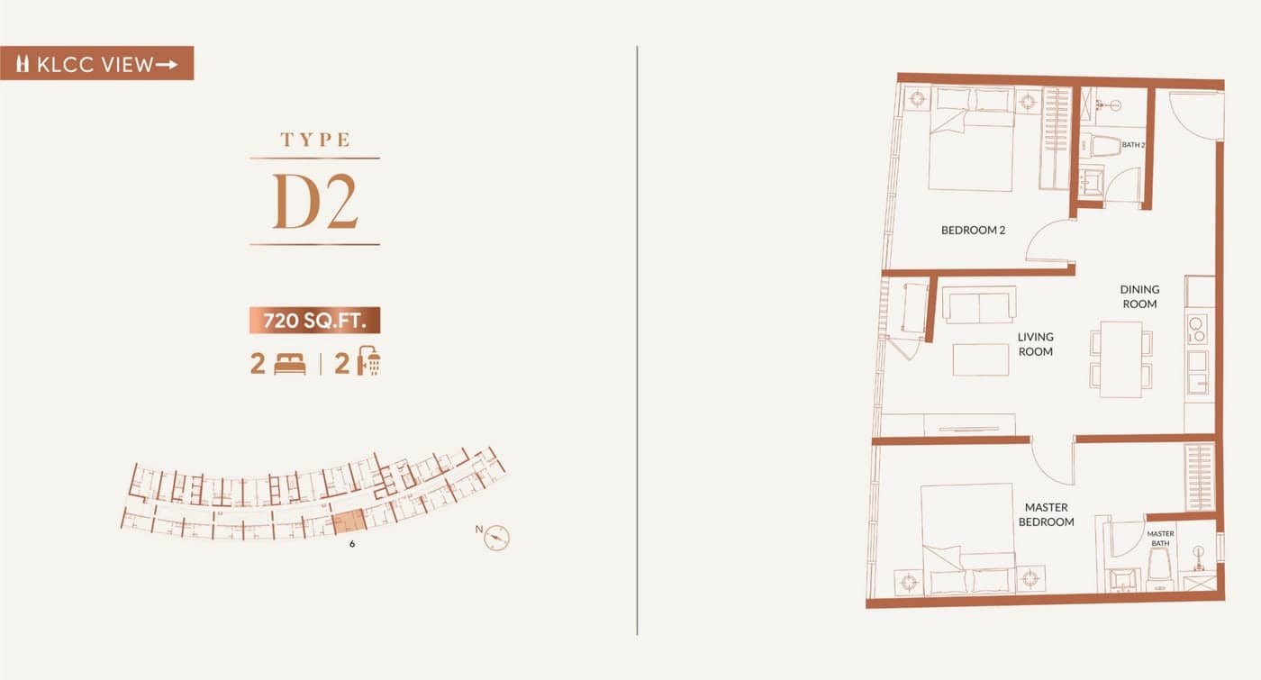 KL360 Type D2 floor plan — 720 sq ft, 2 bedrooms · 2 bathrooms, facing klcc