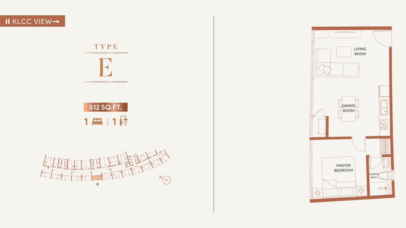 KL360 Type E floor plan — 512 sq ft, 1 bedroom · 1 bathroom, facing klcc