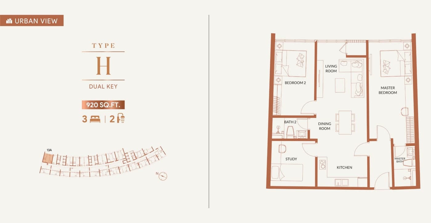 KL360 Type H floor plan — 920 sq ft, 3 bedrooms · 2 bathrooms, facing the urban skyline