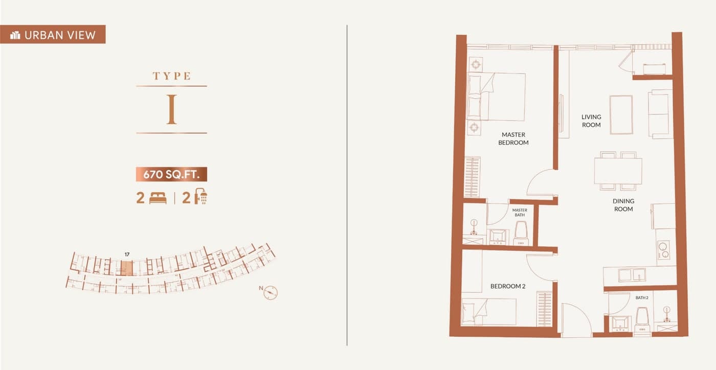 KL360 Type I floor plan — 670 sq ft, 2 bedrooms · 2 bathrooms, facing the urban skyline