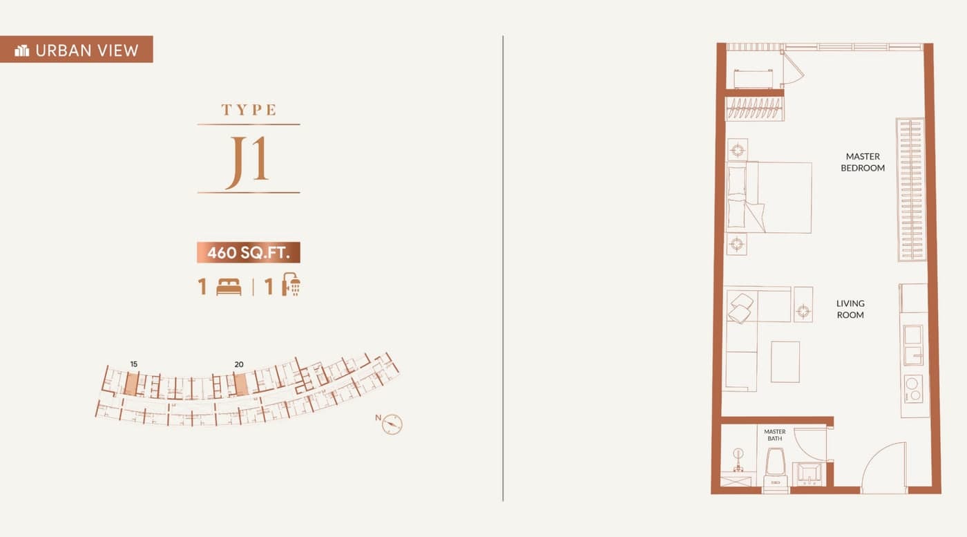 KL360 Type J1 floor plan — 460 sq ft, 1 bedroom · 1 bathroom, facing the urban skyline