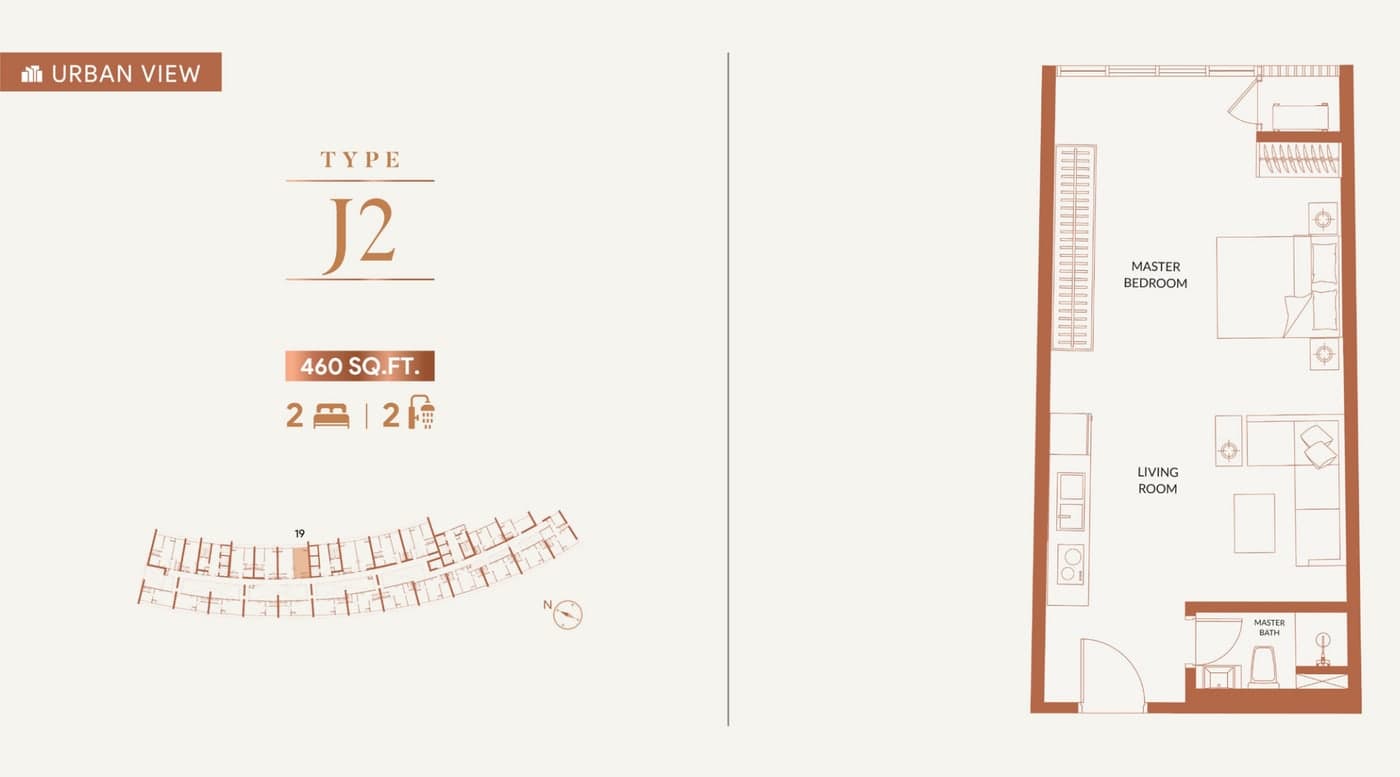 KL360 Type J2 floor plan — 460 sq ft, 2 bedrooms · 2 bathrooms, as labelled, facing the urban skyline