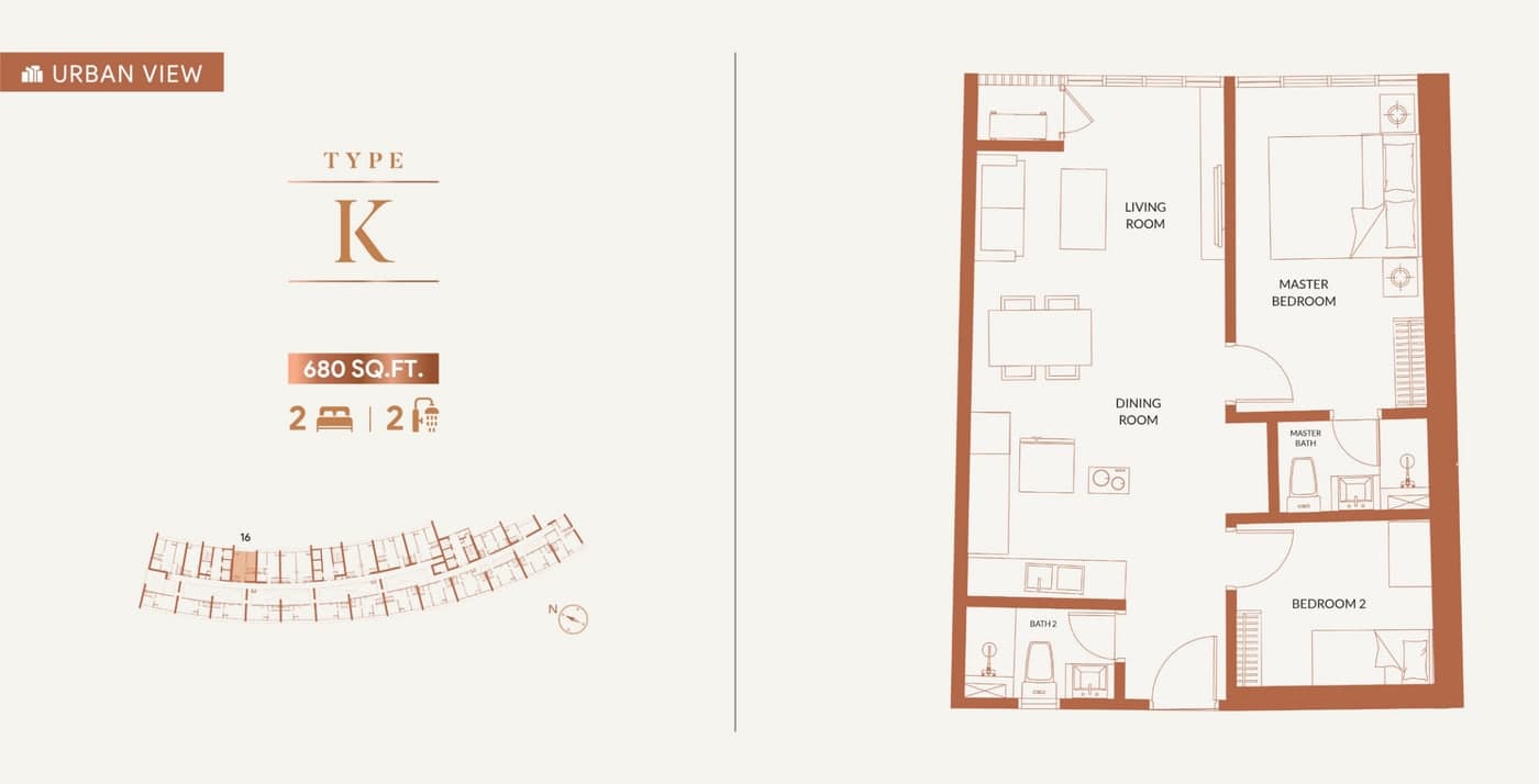 KL360 Type K floor plan — 680 sq ft, 2 bedrooms · 2 bathrooms, facing the urban skyline