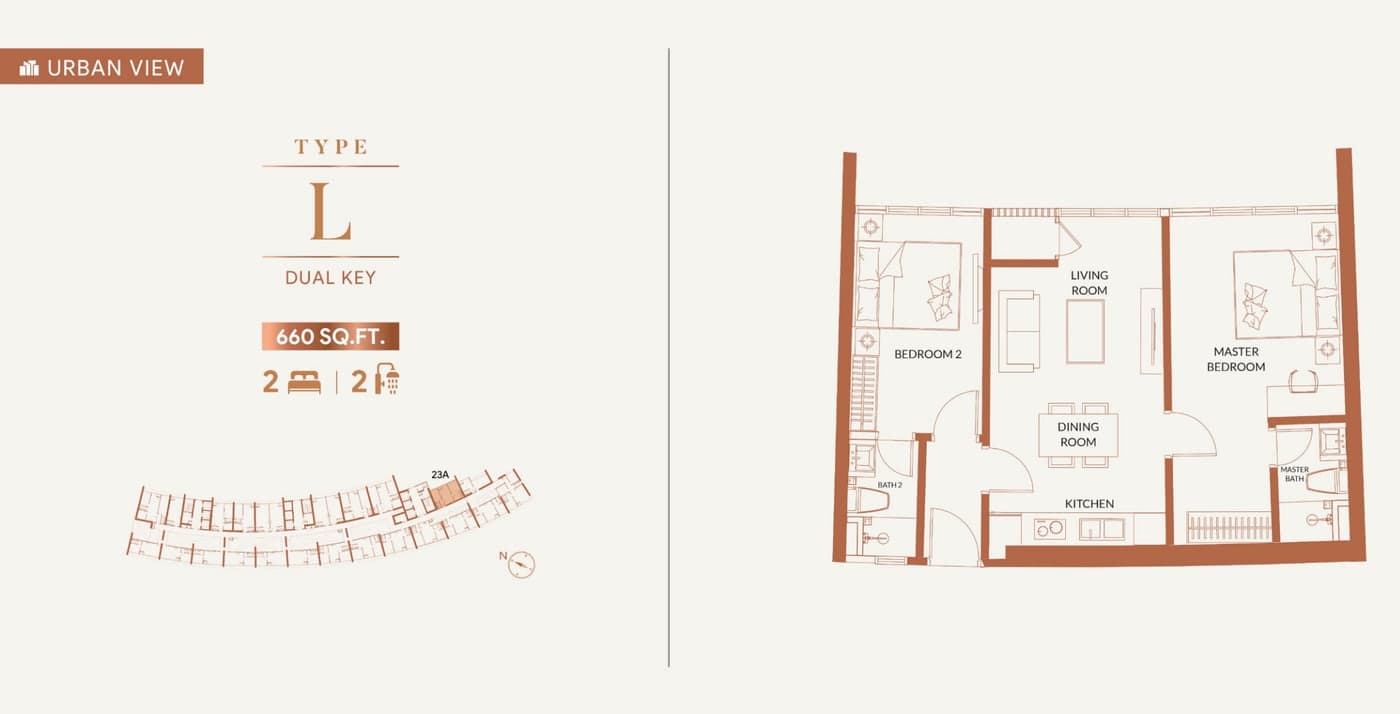 KL360 Type L floor plan — 660 sq ft, 2 bedrooms · 2 bathrooms, facing the urban skyline