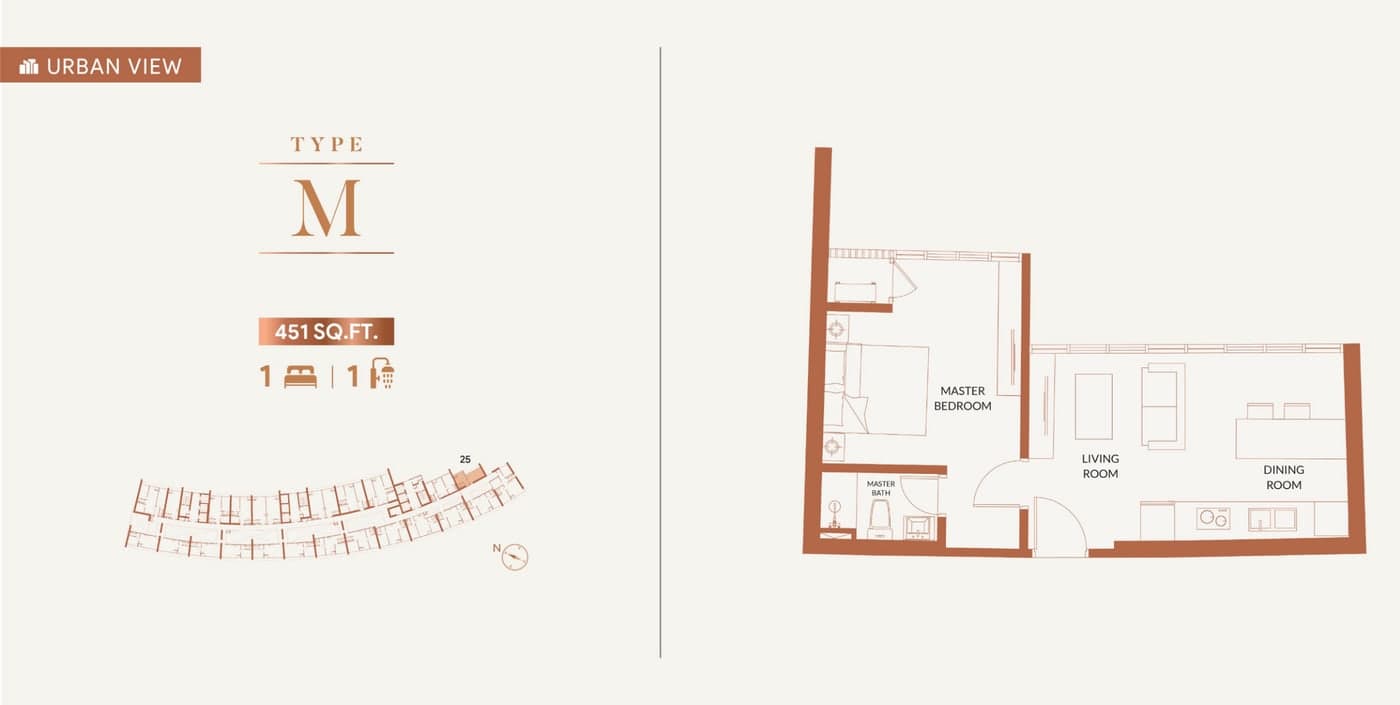 KL360 Type M floor plan — 451 sq ft, 1 bedroom · 1 bathroom, facing the urban skyline