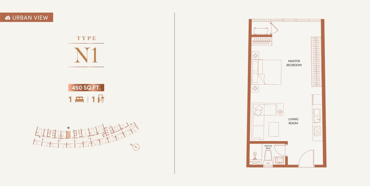 KL360 Type N1 floor plan — 450 sq ft, 1 bedroom · 1 bathroom, facing the urban skyline