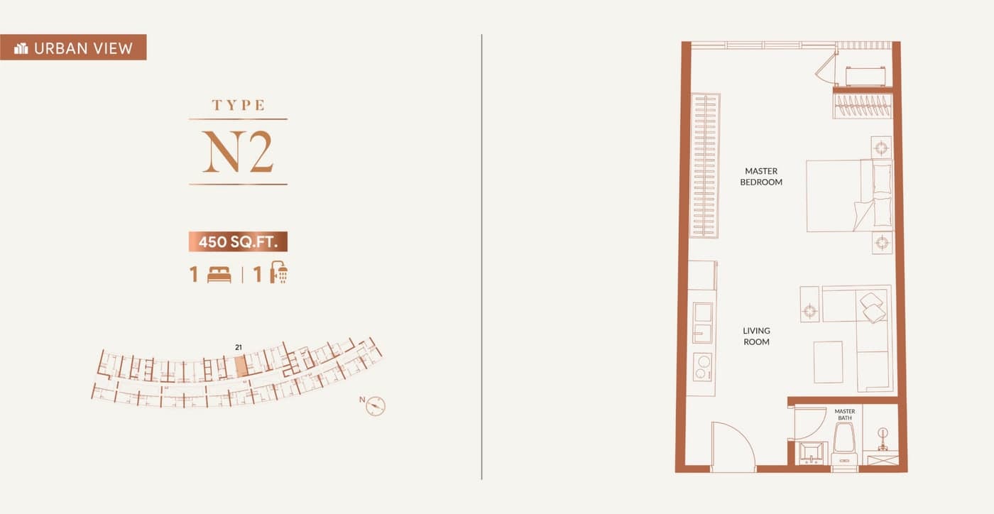 KL360 Type N2 floor plan — 450 sq ft, 1 bedroom · 1 bathroom, facing the urban skyline
