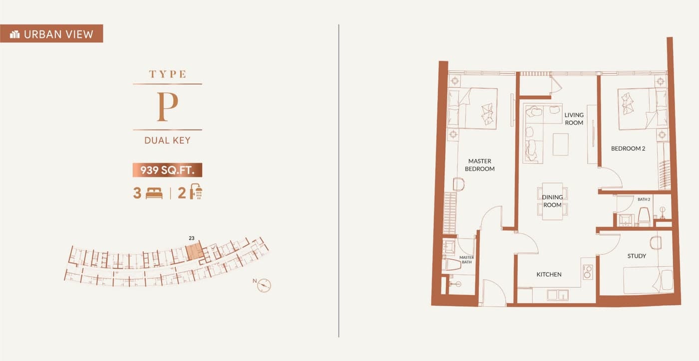 KL360 Type P floor plan — 939 sq ft, 3 bedrooms · 2 bathrooms, facing the urban skyline