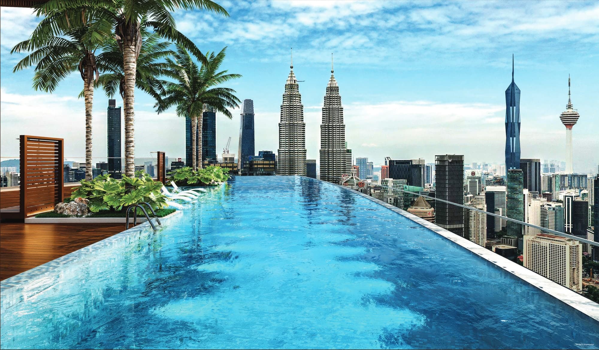 The Olympic +20 Cliff Pool on Level 56 of KL360, looking along the water towards the Petronas Twin Towers and KL Tower, artist's impression