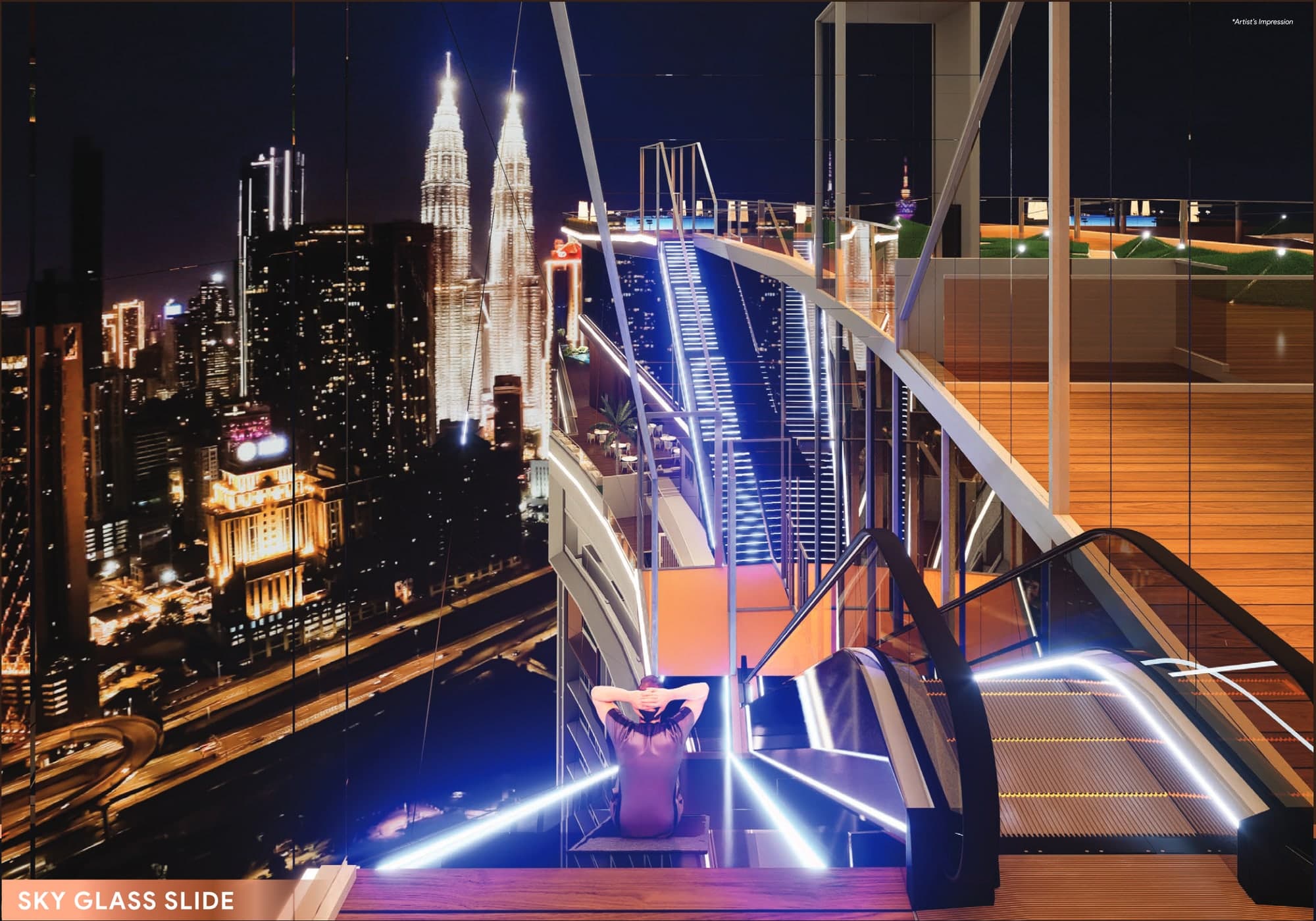 The sky glass slide on the KL360 Sky Deck at night, a transparent slide curving out over the edge of the tower above the city lights, artist's impression