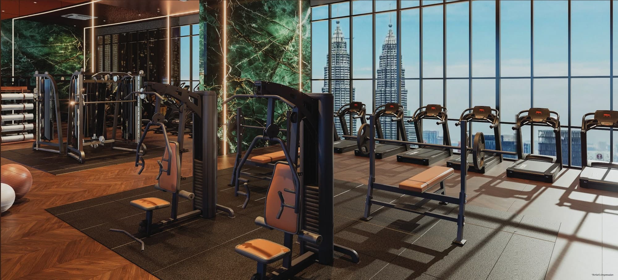 The Sky Gym at KL360, with treadmills along a full-height window looking out at the Petronas Twin Towers, artist's impression