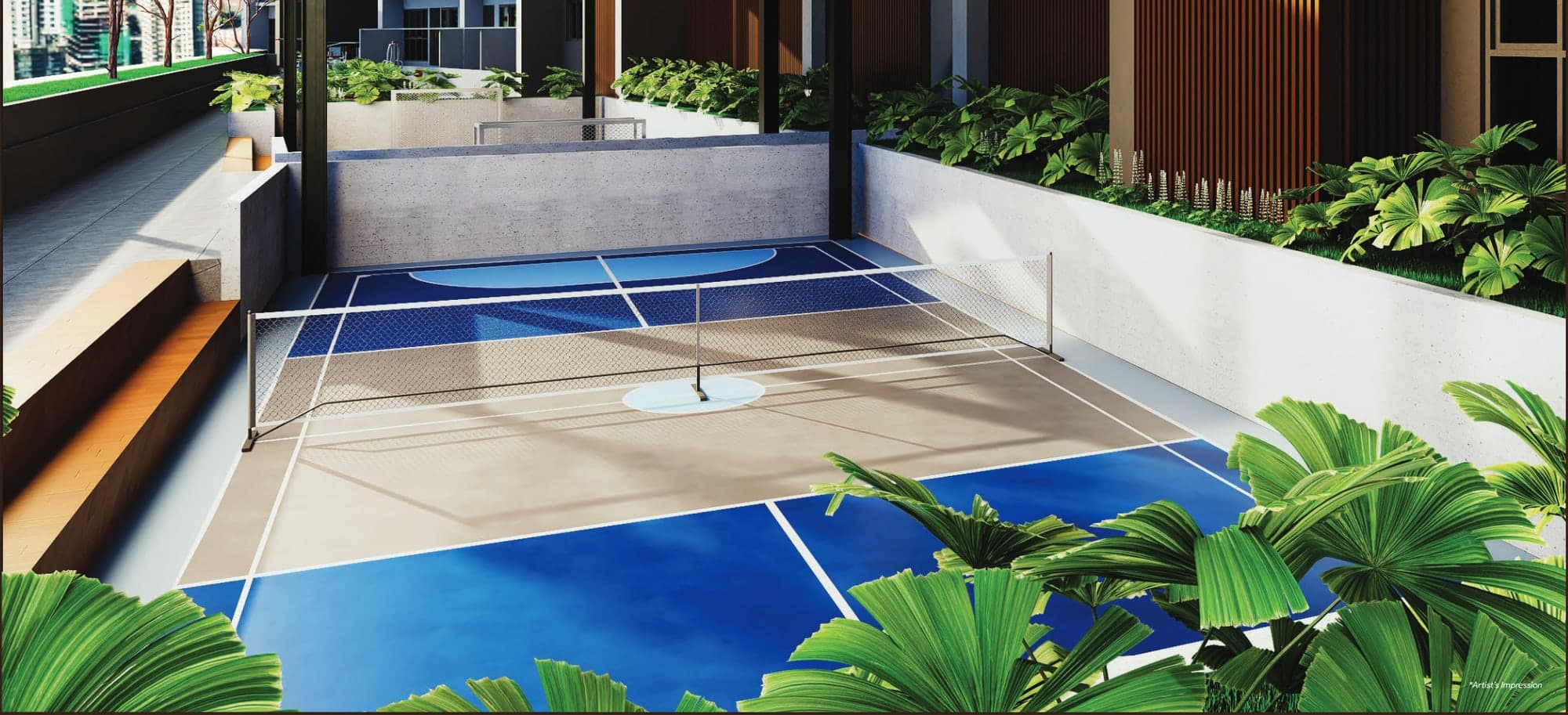 The Sporting Pavilion court at KL360, a blue pickleball and futsal court edged with planting, artist's impression