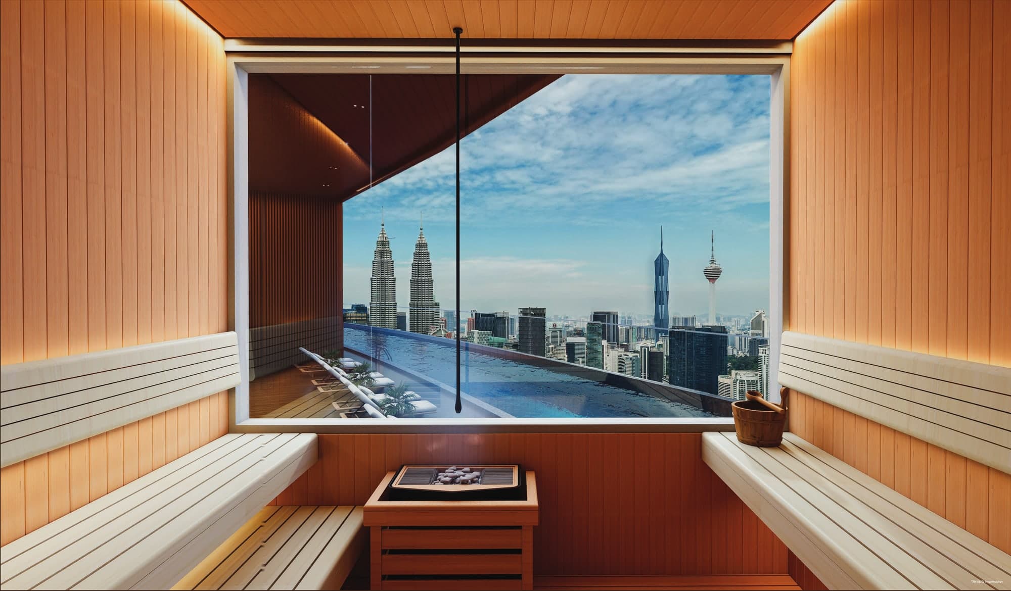 The sauna room in the Wellness Sanctuary at KL360, timber lined with a window onto the pool deck and the Kuala Lumpur skyline, artist's impression