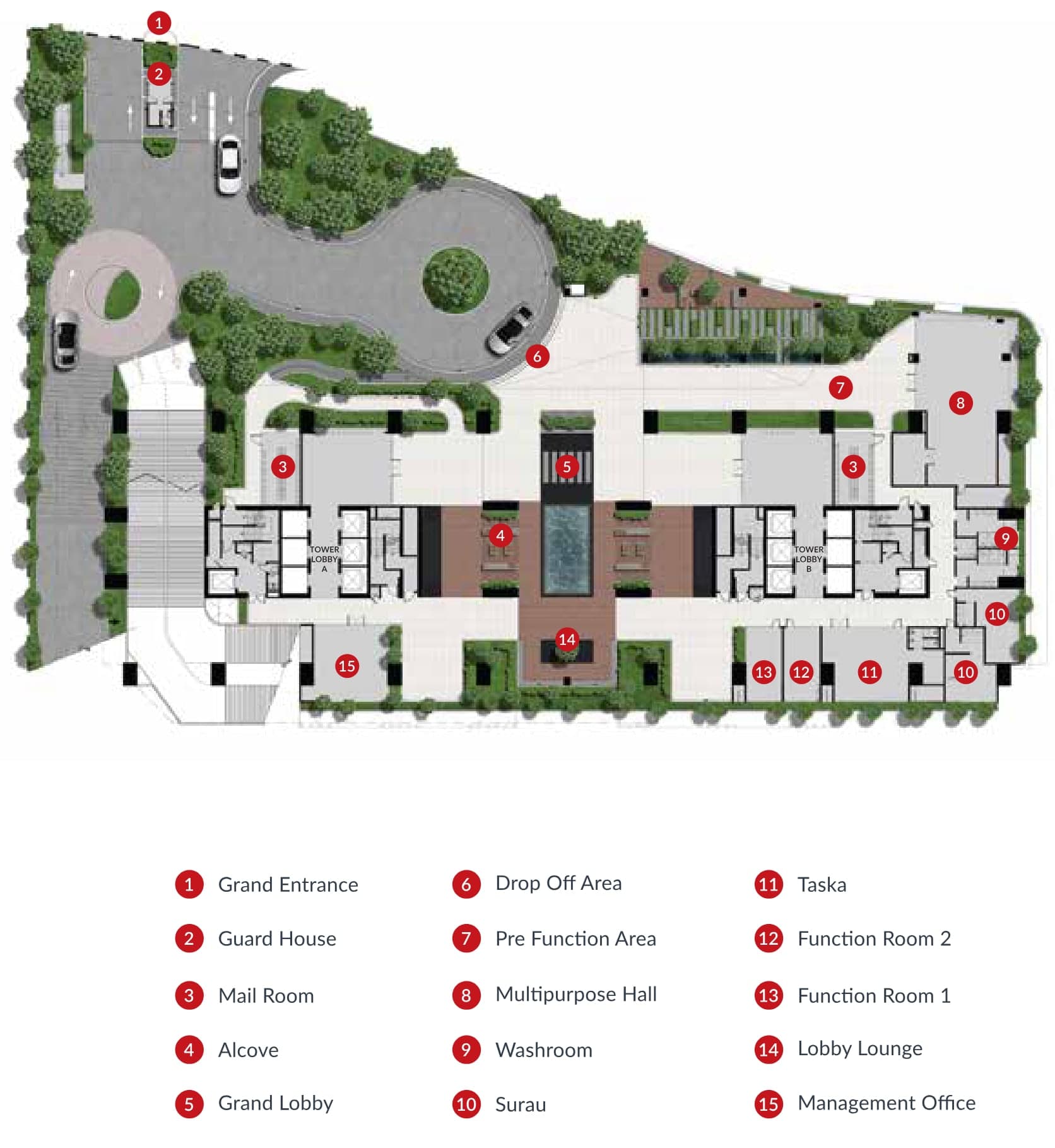 Laurel Residence ground floor plan with its numbered facilities legend