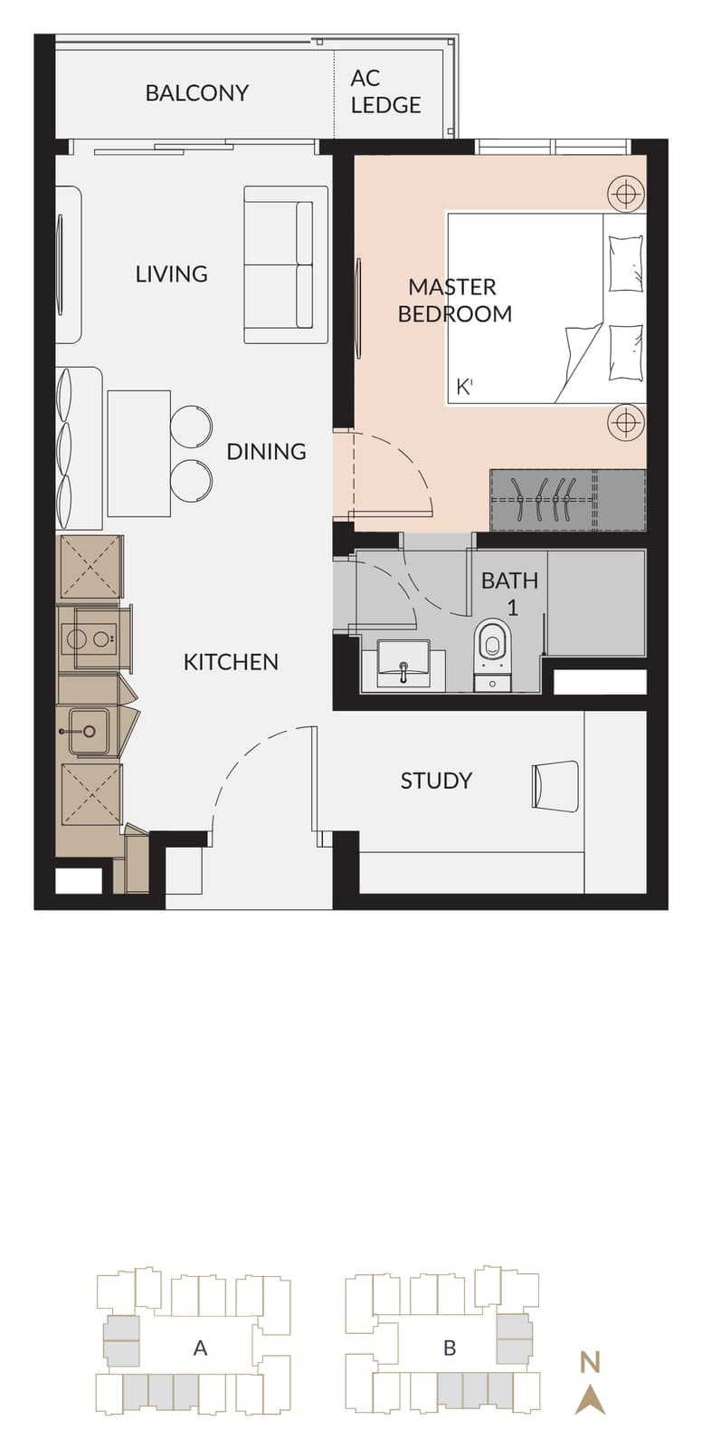 Laurel Residence Type A floor plan — 495 sq ft, 1+1 bedrooms, 1 bathroom