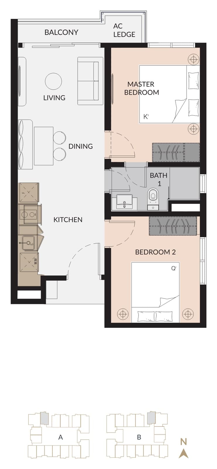 Laurel Residence Type B floor plan — 548 sq ft, 2 bedrooms, 1 bathroom