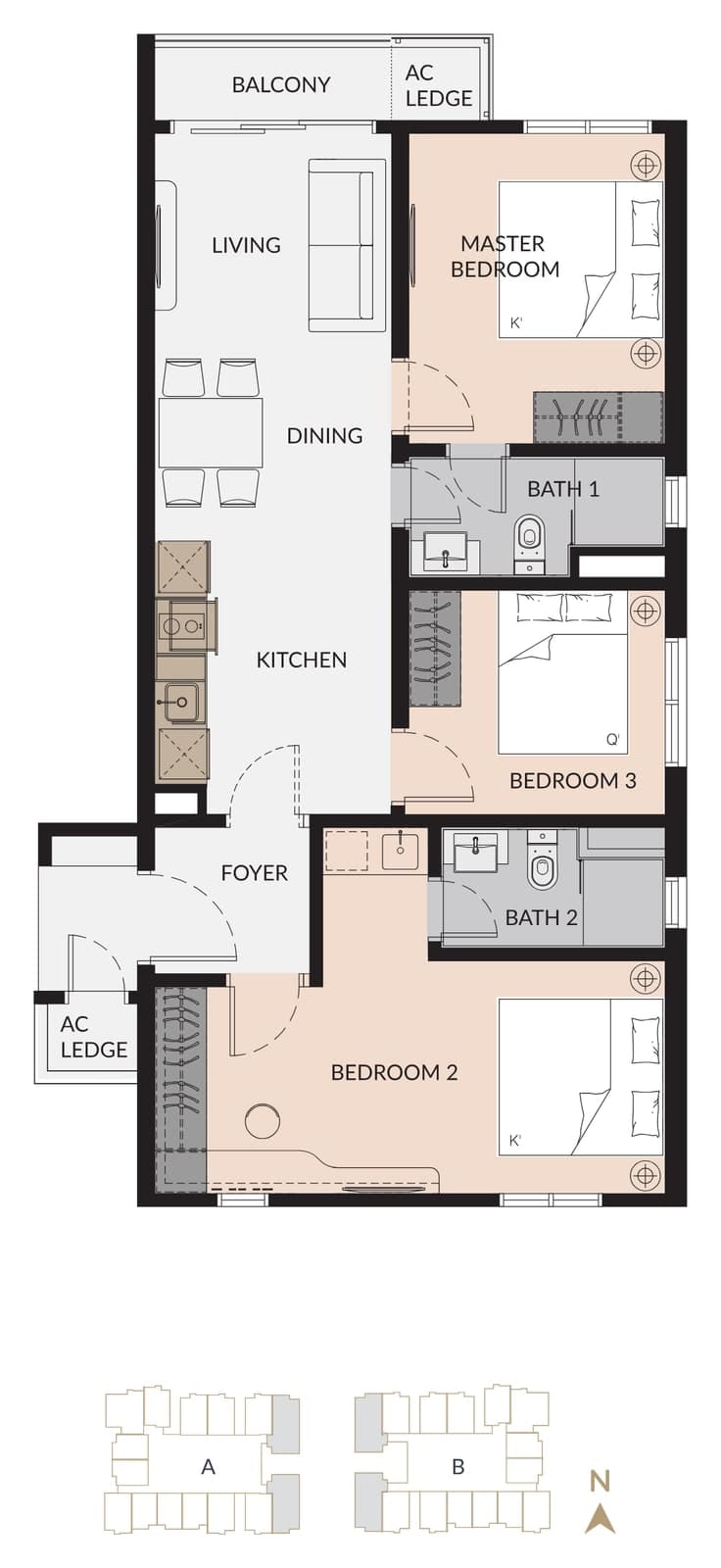 Laurel Residence Type D floor plan — 903 sq ft, 3 bedrooms, 2 bathrooms