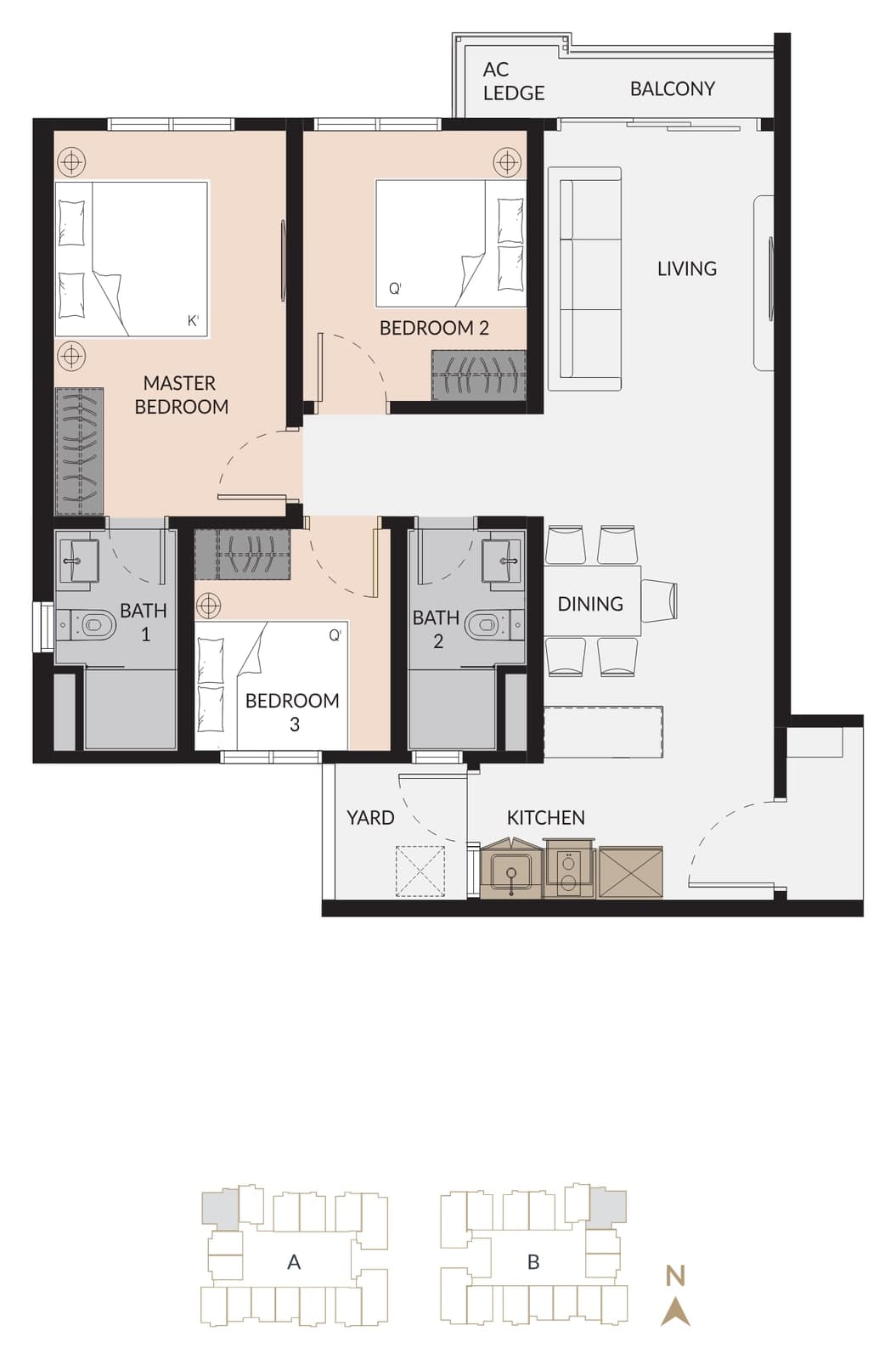 Laurel Residence Type E floor plan — 853 sq ft, 3 bedrooms, 2 bathrooms