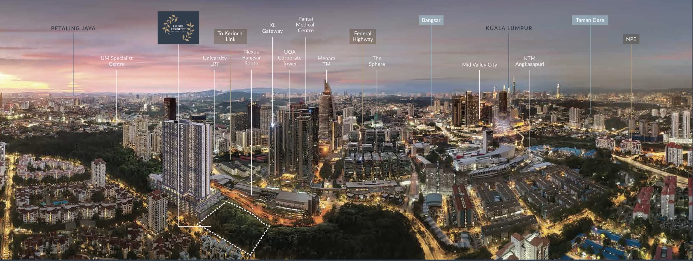 Laurel Residence marked in the Bangsar South skyline, with Universiti LRT, Nexus, KL Gateway, UOA Corporate Tower, Pantai Medical Centre, Menara TM, The Sphere, Mid Valley City and KTM Angkasapuri labelled