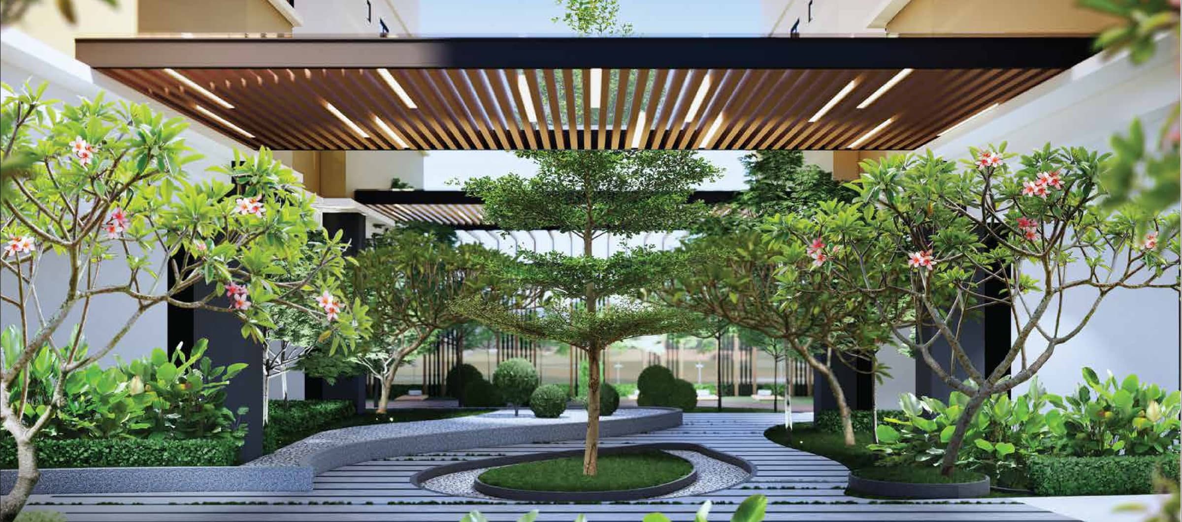 The Zen Garden on the Level 5 facility deck at Laurel Residence, under a timber pergola