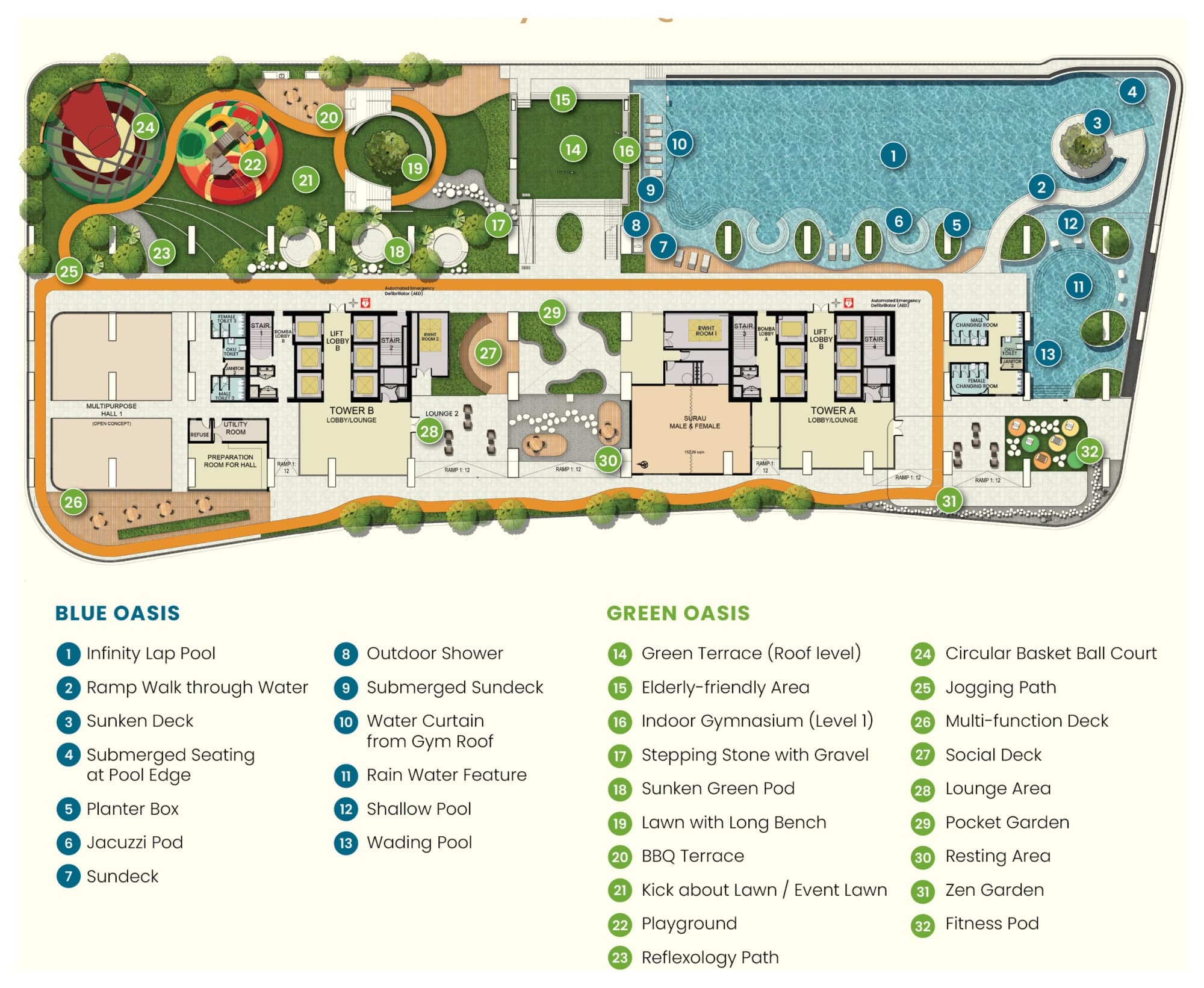 Laverra Level 9 facility podium plan, with the numbered Blue Oasis and Green Oasis legend