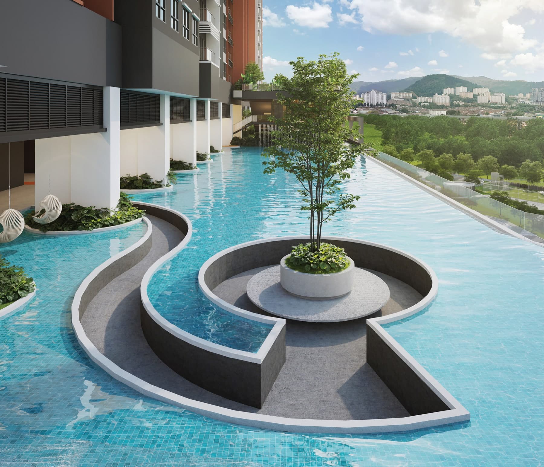 The infinity lap pool and its ramp walk through the water at Laverra Seri Damansara Residences