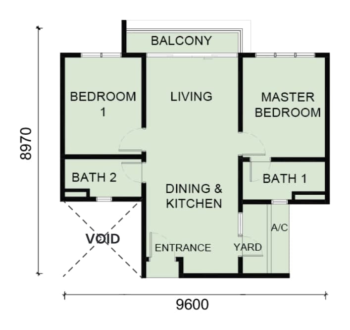 Laverra Seri Damansara Residences Type A floor plan — 725 sq ft, 2 bedrooms, 2 bathrooms