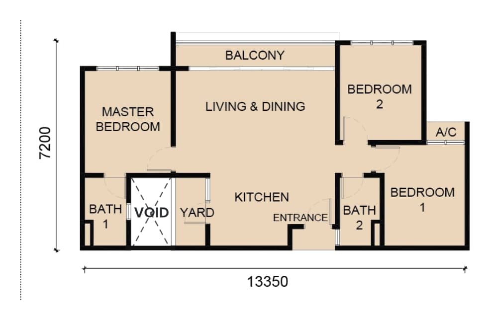Laverra Seri Damansara Residences Type B floor plan — 905 sq ft, 3 bedrooms, 2 bathrooms