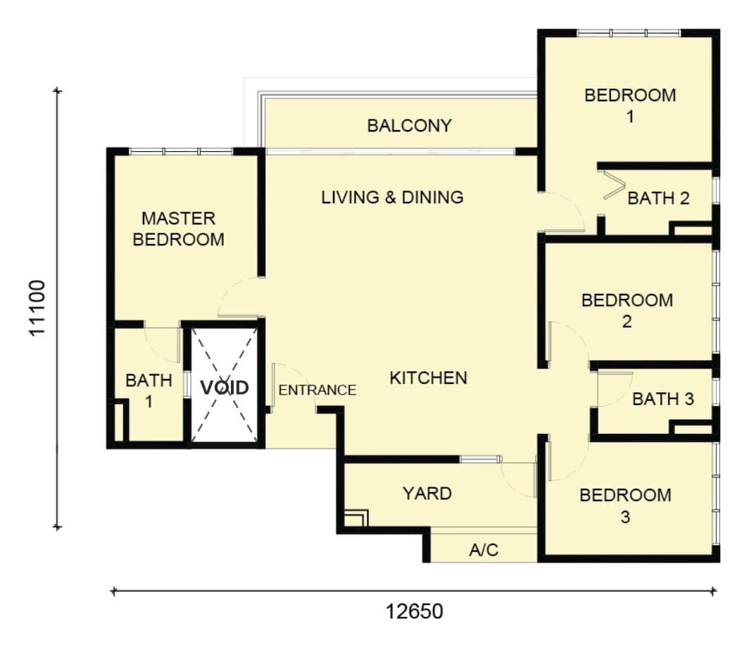 Laverra Seri Damansara Residences Type C floor plan — 1,150 sq ft, 4 bedrooms, 3 bathrooms