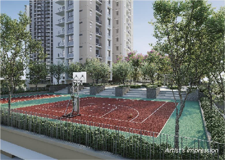 The mini basketball and futsal court on the Block A deck