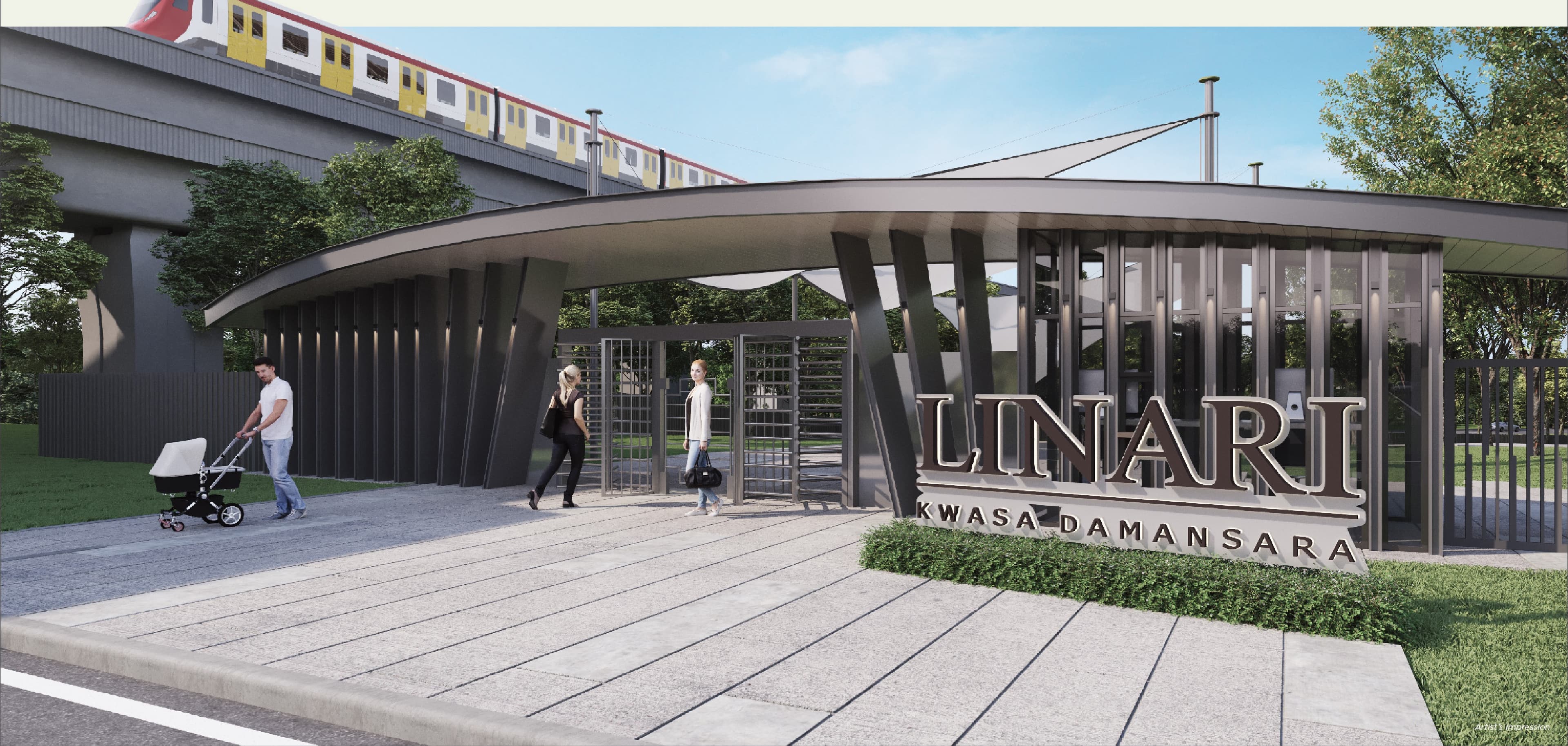 The private, dedicated pedestrian gateway at Linari Kwasa Damansara, with an MRT train passing on the viaduct directly above