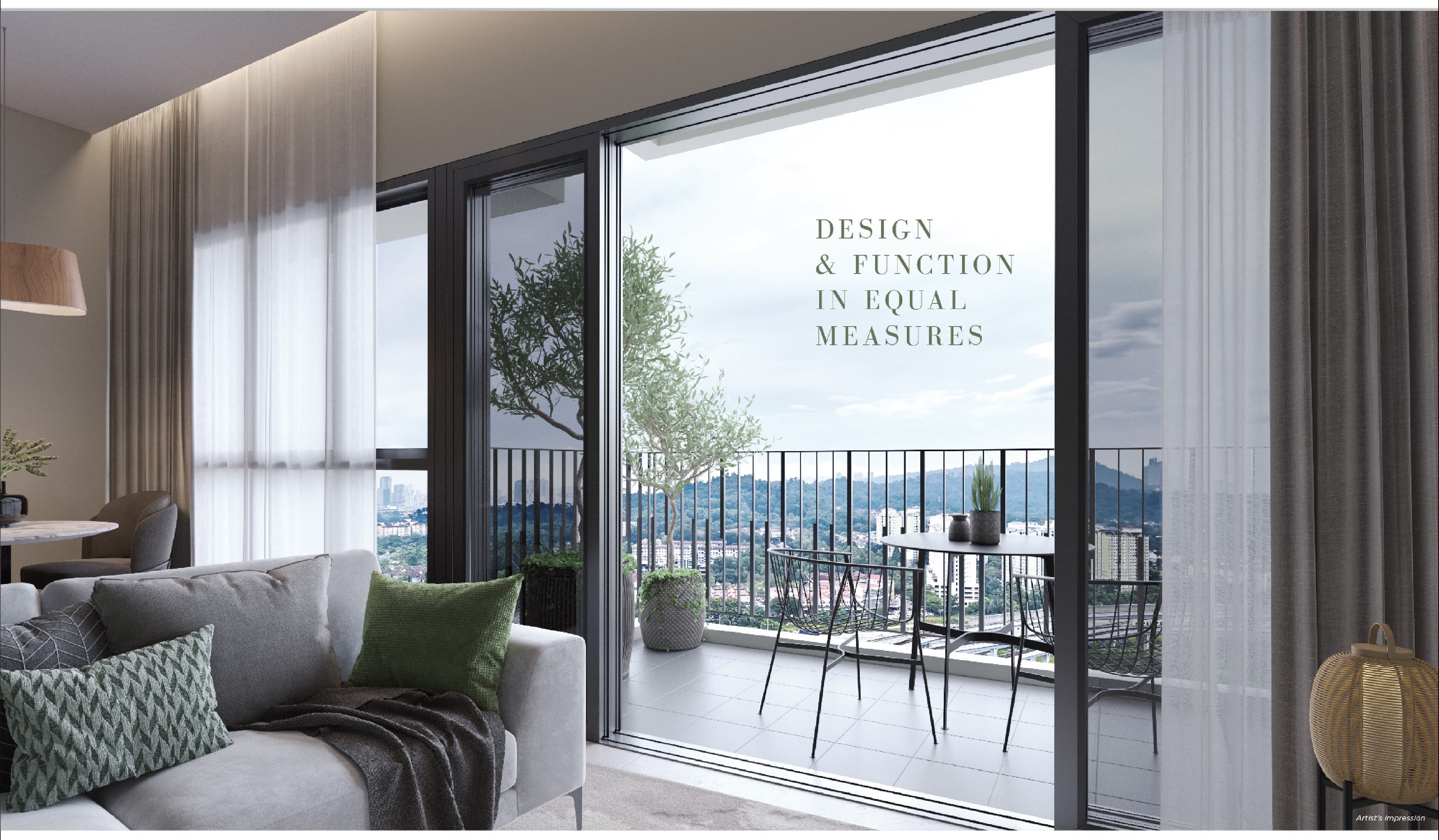 A living room opening onto its balcony — artist's impression
