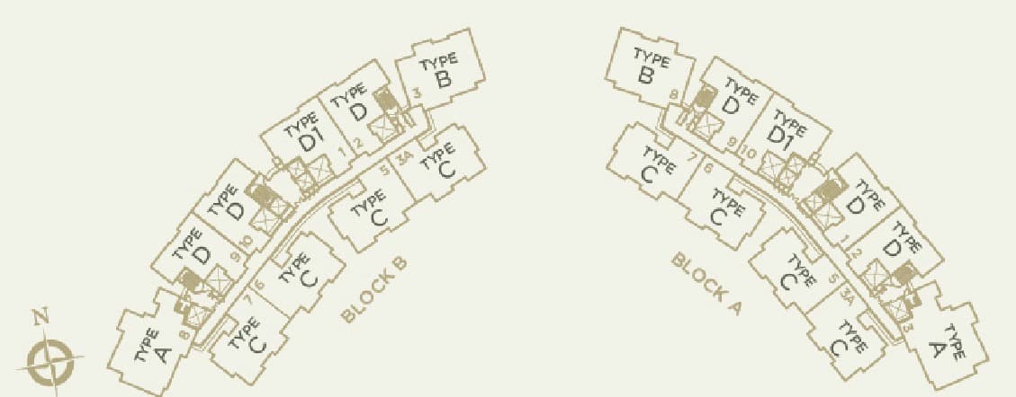 Linari Kwasa Damansara typical floor plate — Block A and Block B each curving through ten homes a floor, labelled Type A, B, C, D and D1