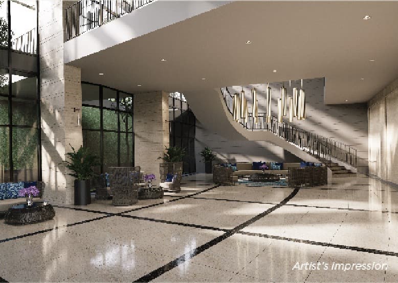 The pedestrian lobby, reached without crossing a driveway