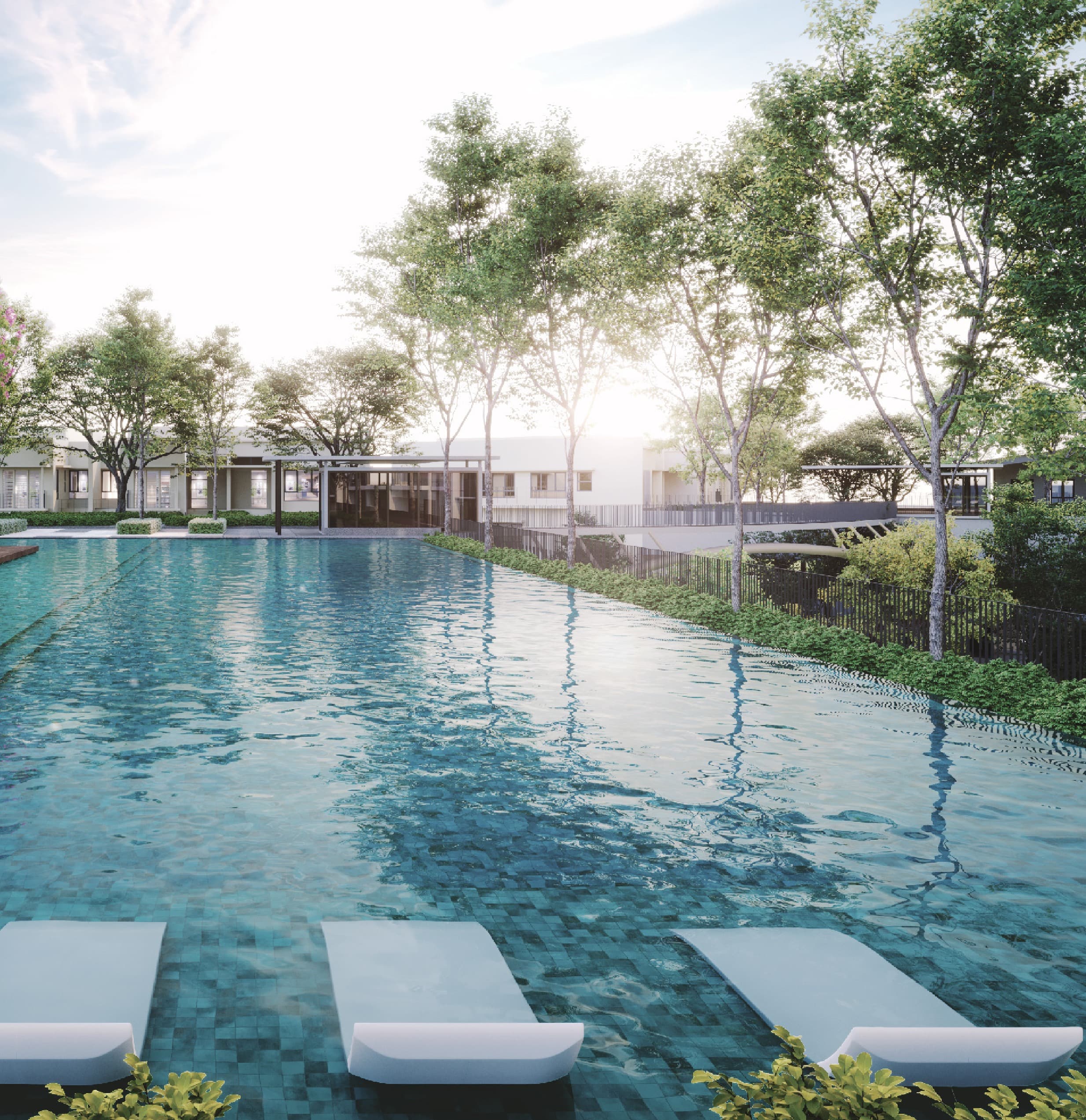 The swimming pool and pool deck on the Block B facility podium