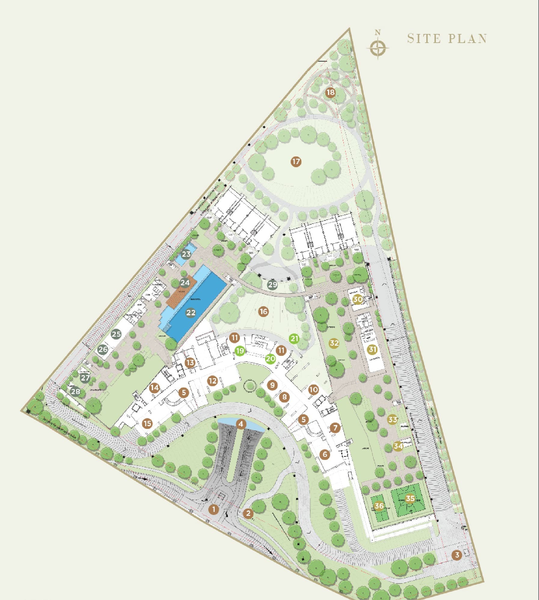Linari Kwasa Damansara master site plan — the triangular 8.79-acre plot with Block A and Block B, the Central Park, Oval Park, herbs garden, Motor Court and the guarded entrance, with all 36 facilities numbered